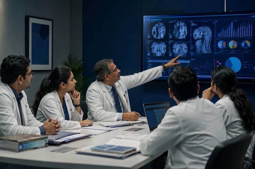 Clinicians reviewing imaging and data together